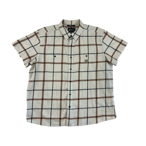 Carhartt Rugged Flex Relaxed Fit Men Tan Button Up Short‎ Sleeve Sz 2XL Plaid - Picture 1 of 7